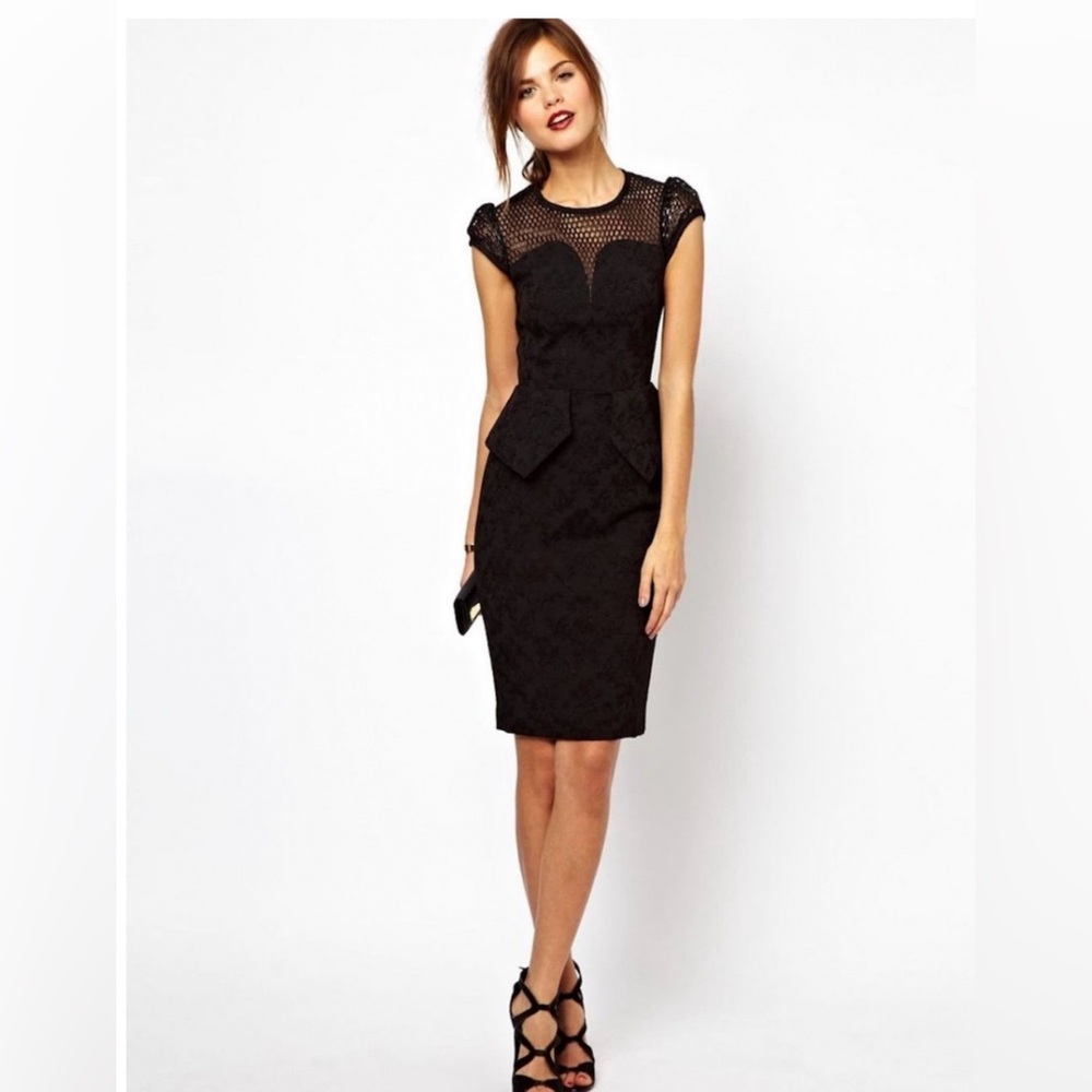 Karen Millen Black Midi Dress with Puff Cap Sleeves